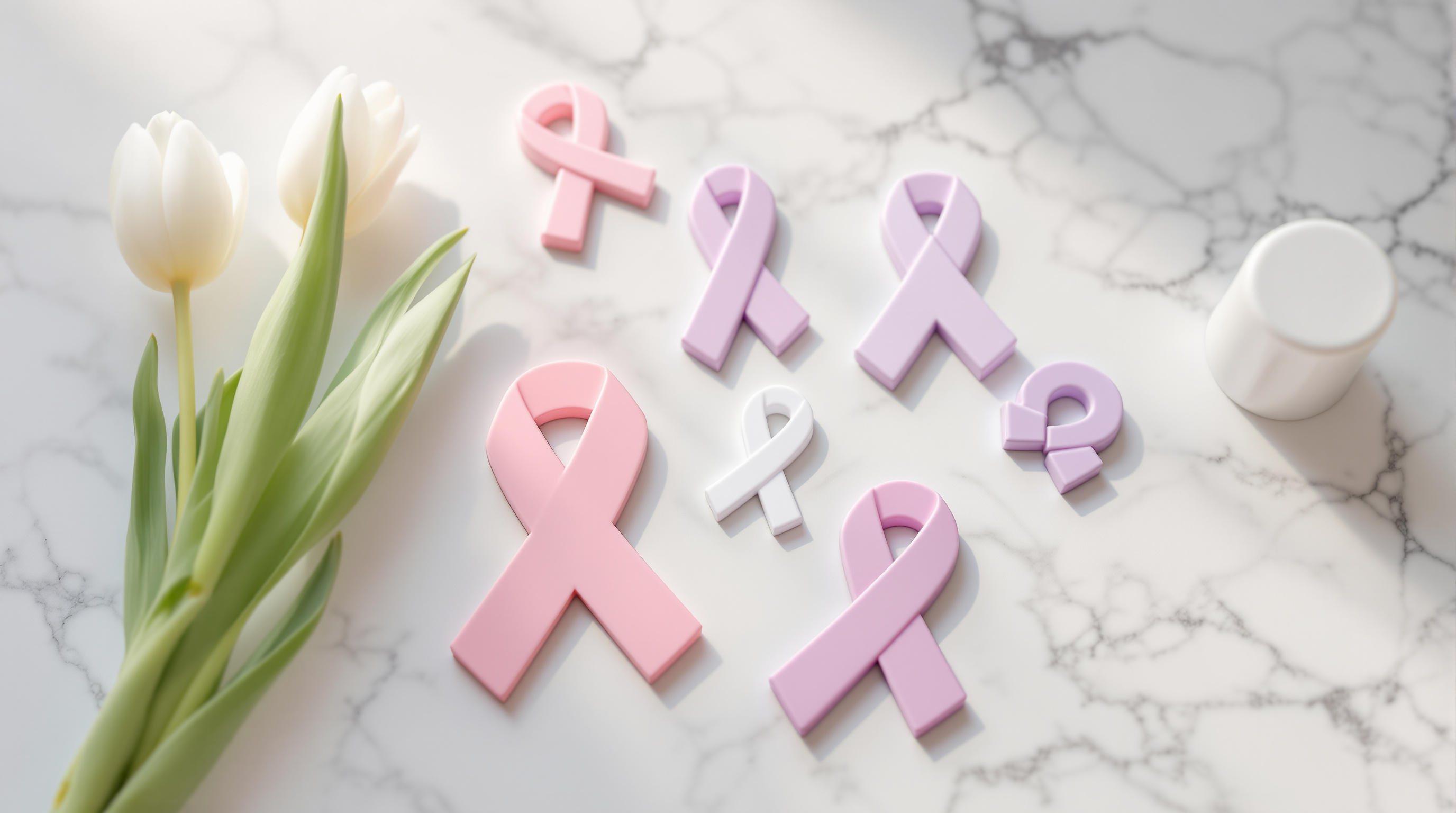 Pink and purple awareness ribbon car magnets beside white tulips