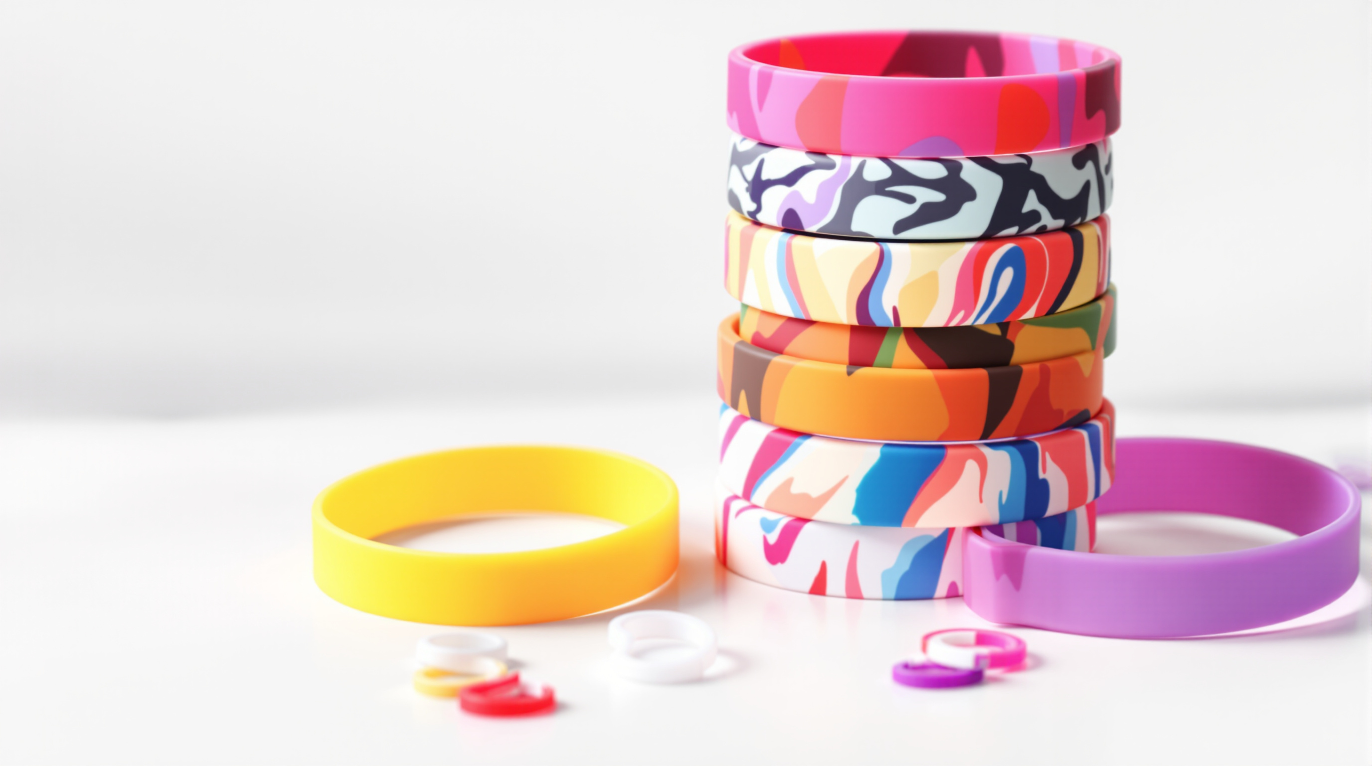 Stack of colorful silicone wristbands in patriotic and awareness colors