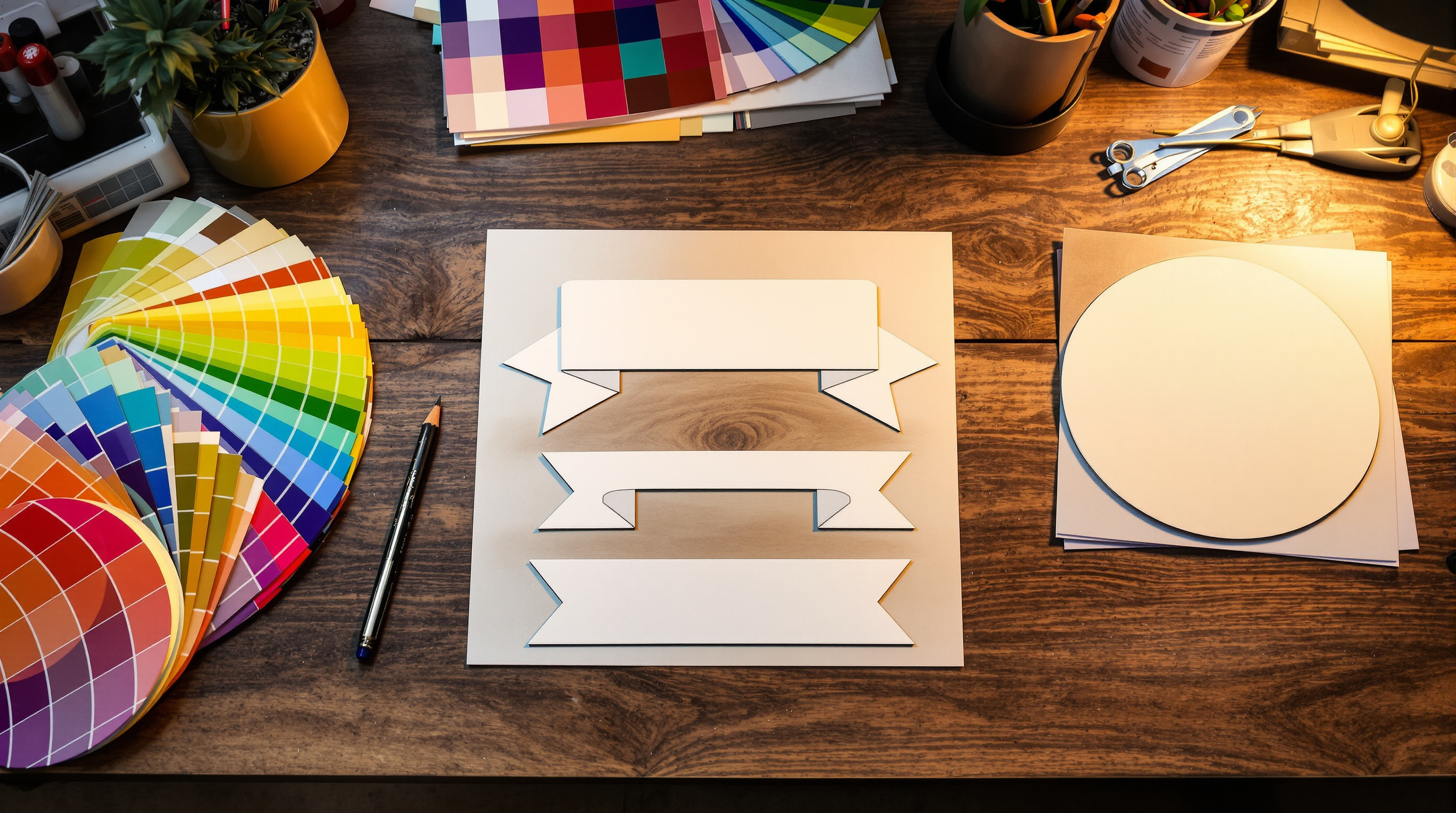 Print shop desk with sketches, color swatches and blank magnet proofs