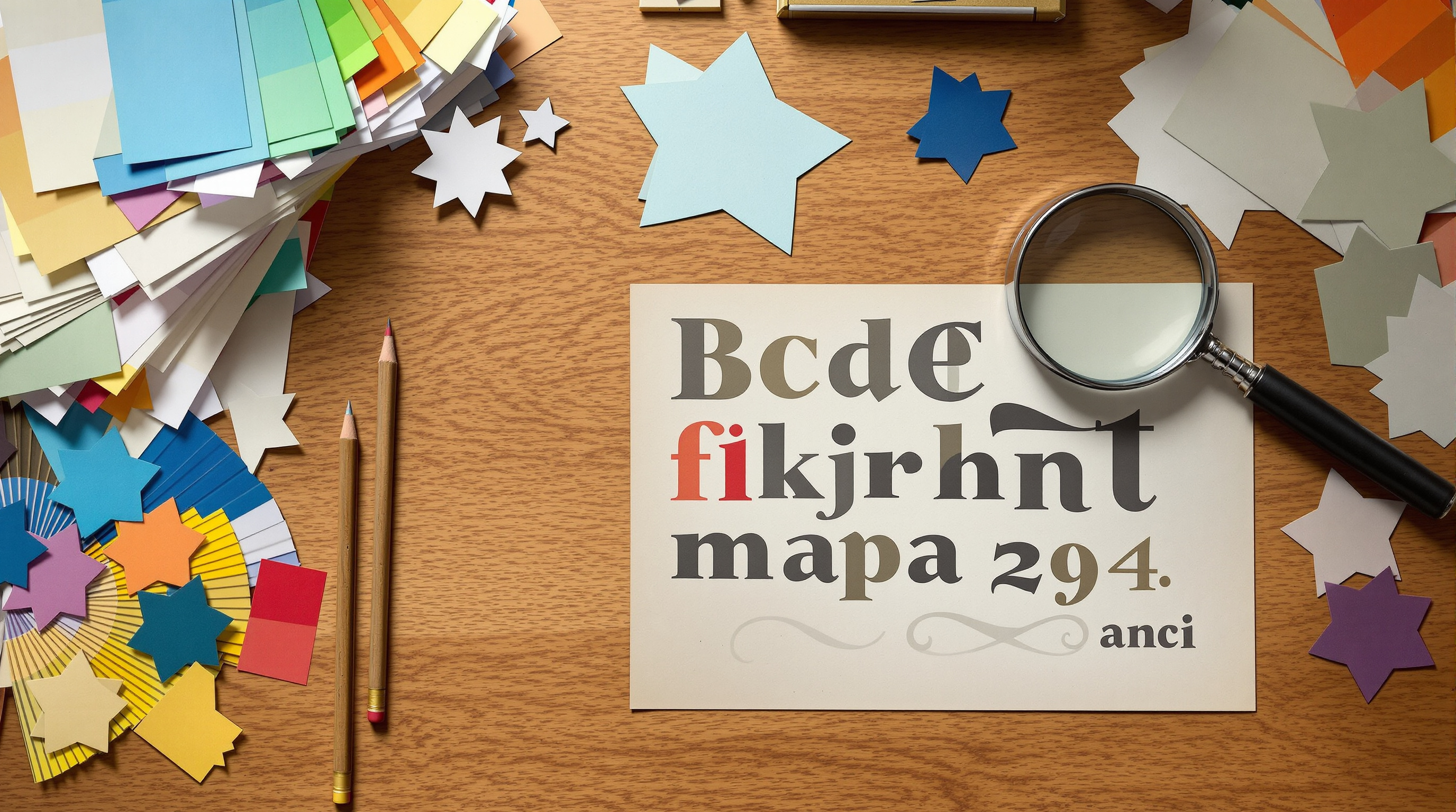 Type specimen sheets, swatches and ribbon cutouts on an artist's desk
