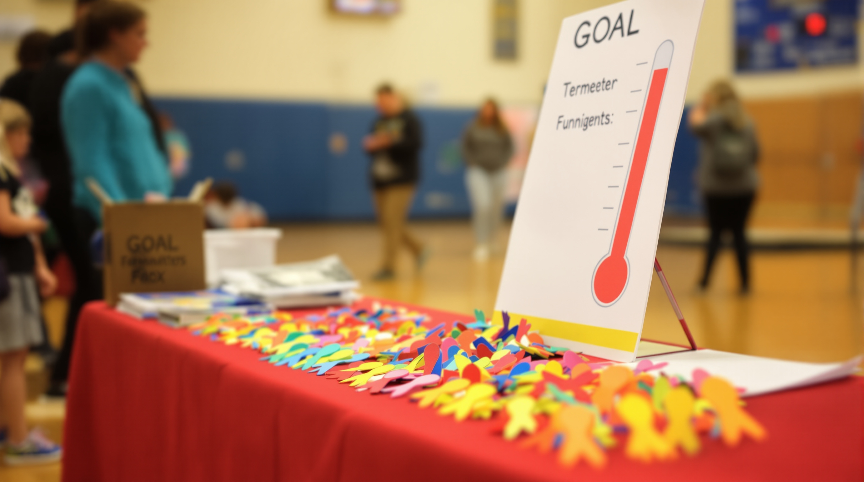 School fundraiser table displaying rows of ribbon car magnets