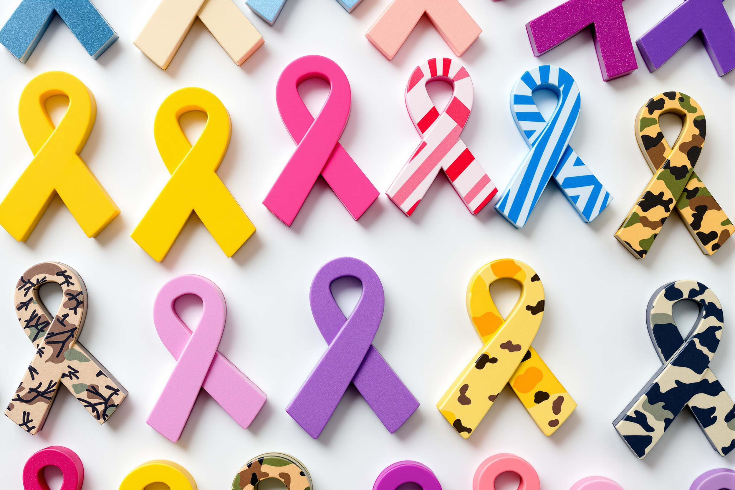 Assortment of colorful ribbon car magnets arranged on a workshop table