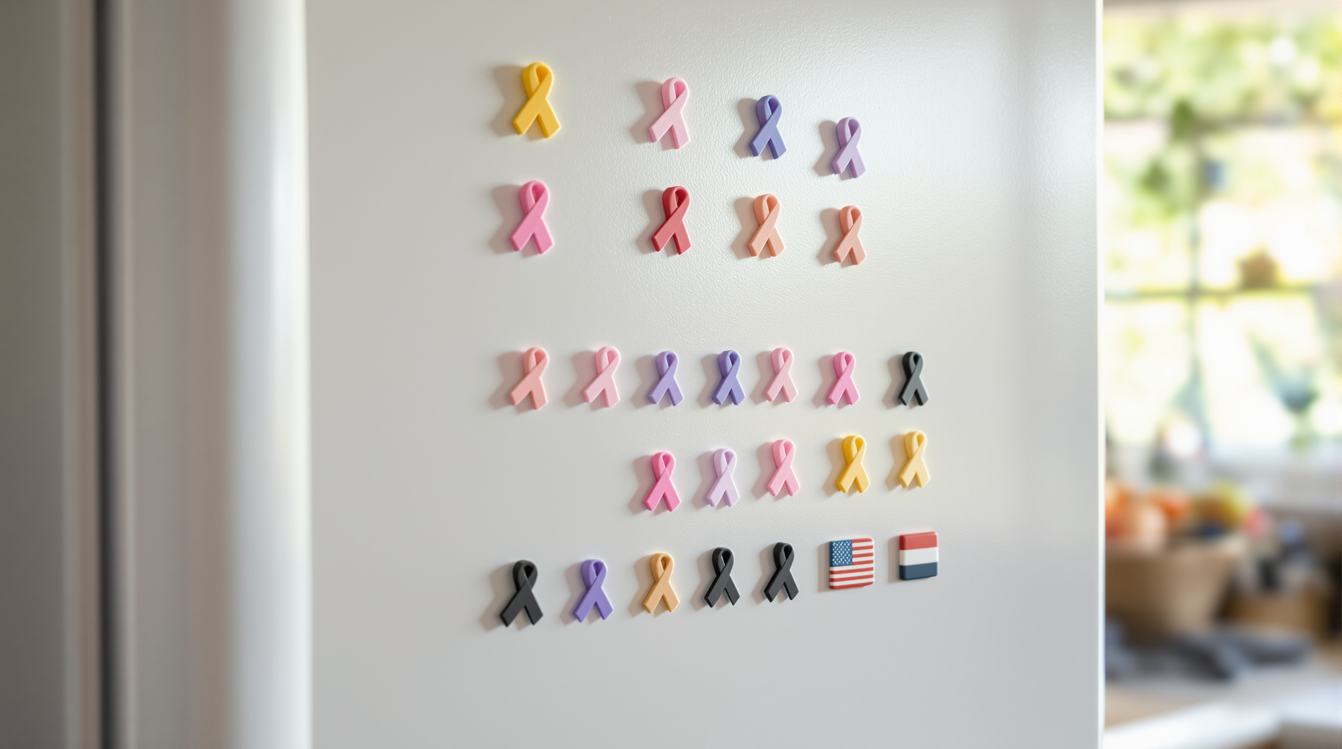 Grid of mini ribbon magnets arranged on a refrigerator door