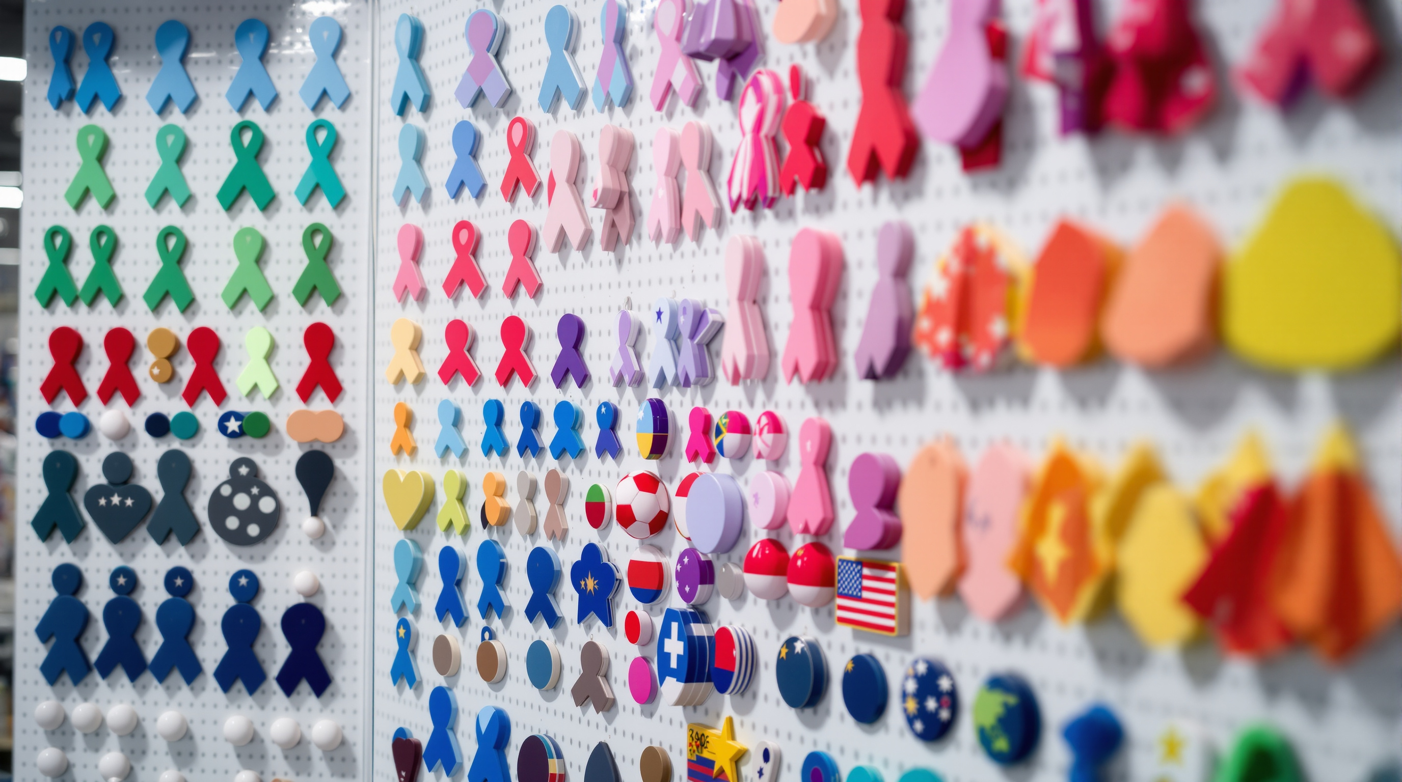 Display wall of die-cut car magnets in ribbon, ball and flag shapes