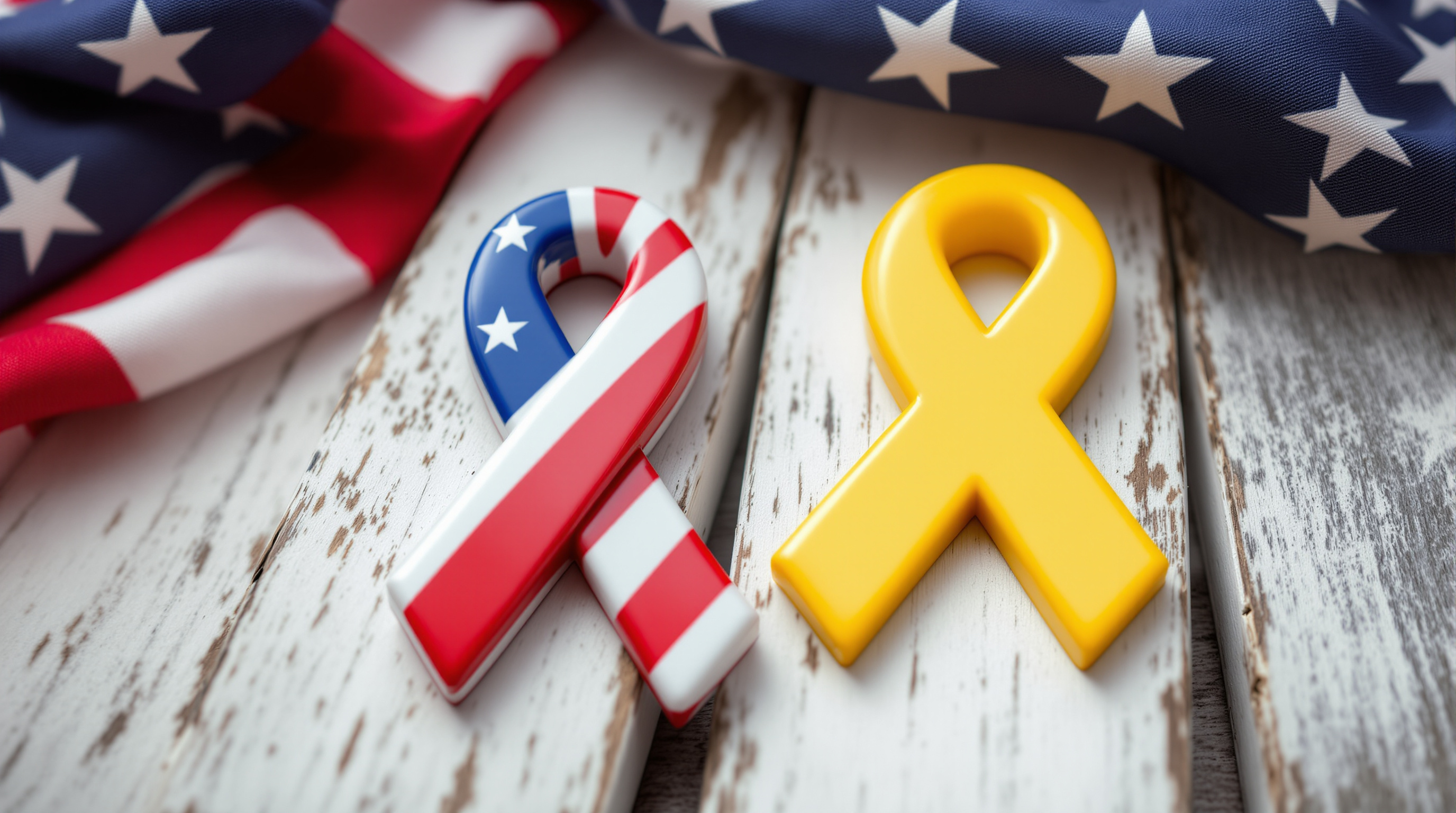 Patriotic ribbon car magnets displayed beside a folded American flag
