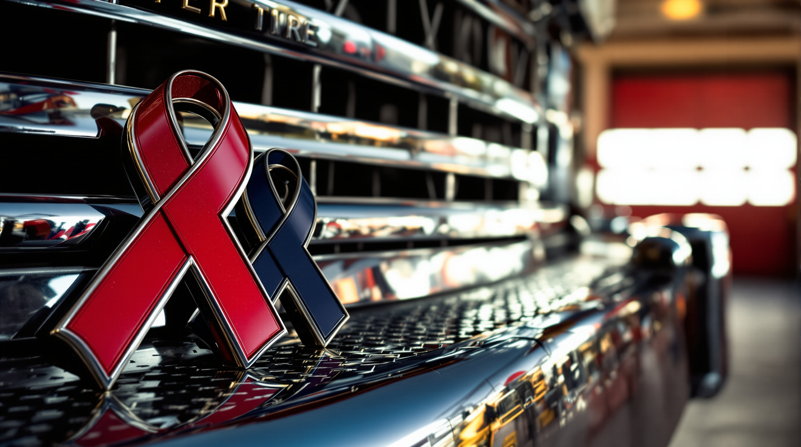 Red and blue support ribbons displayed on a fire truck bumper