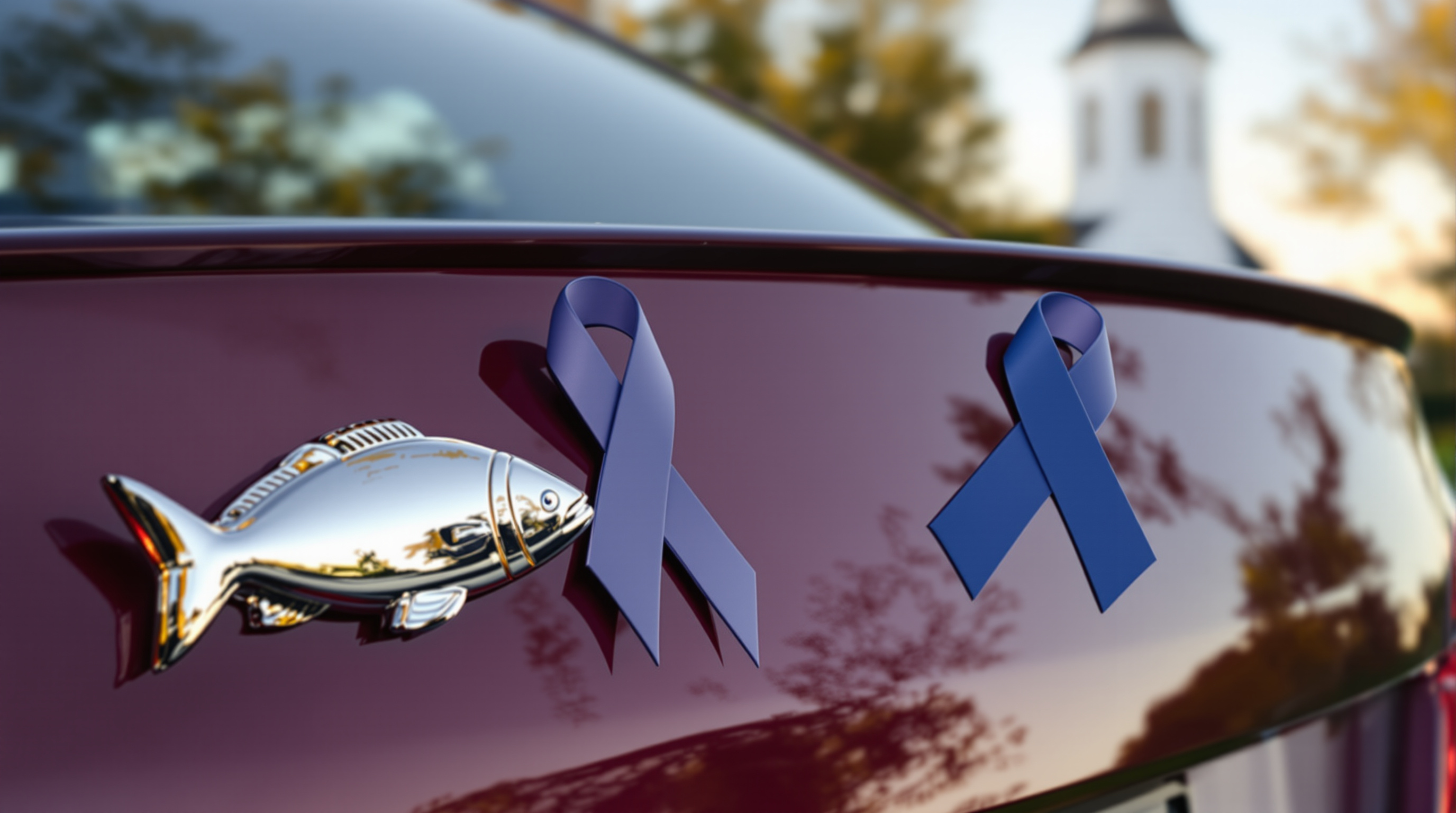 Chrome fish emblem and blue ribbon magnet on a sedan near a country church