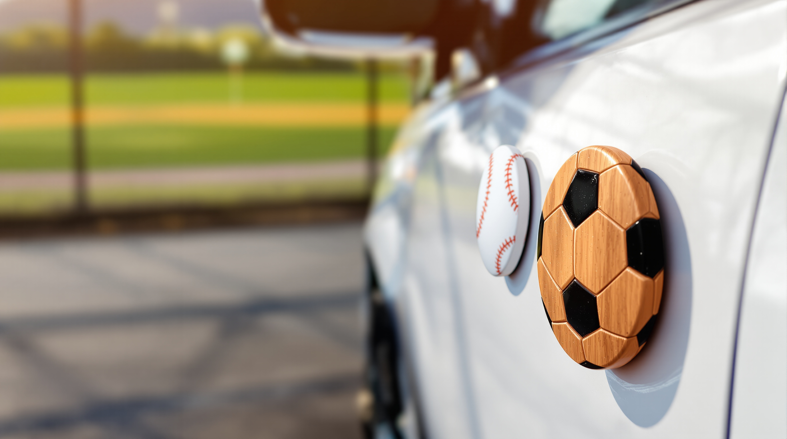 Baseball and soccer ball car magnets on a minivan at a ballfield